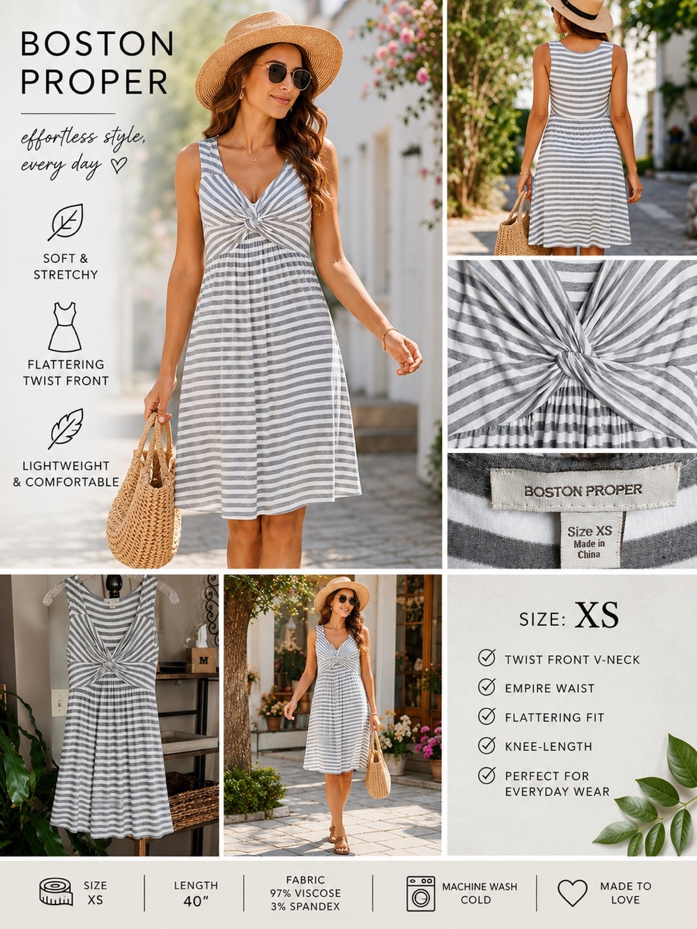 Boston Proper | Gray Striped Twist-Front Sleeveless Jersey-Knit Dress | Size XS